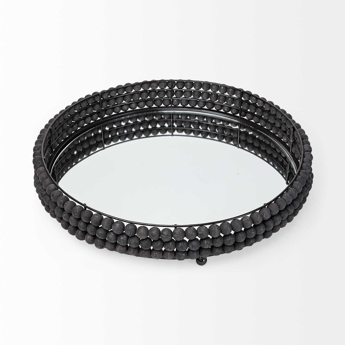 21" Matte Black Wood With Bead Mirrored Glass Bottom Round Tray HomeRoots