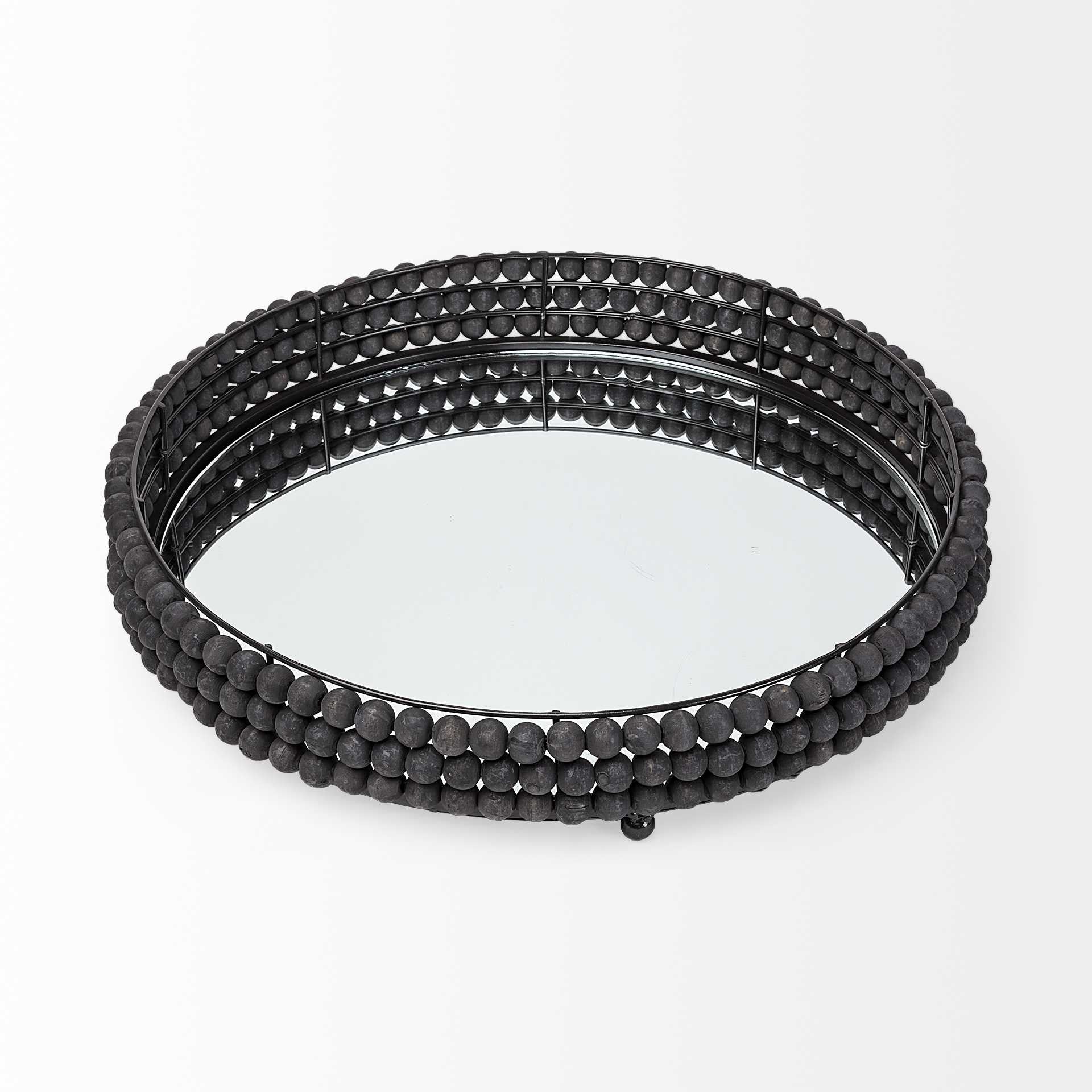 21" Matte Black Wood With Bead Mirrored Glass Bottom Round Tray HomeRoots