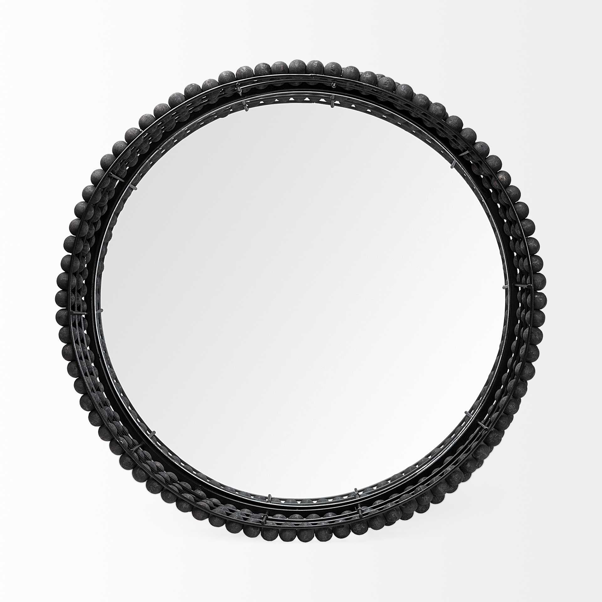 21" Matte Black Wood With Bead Mirrored Glass Bottom Round Tray HomeRoots