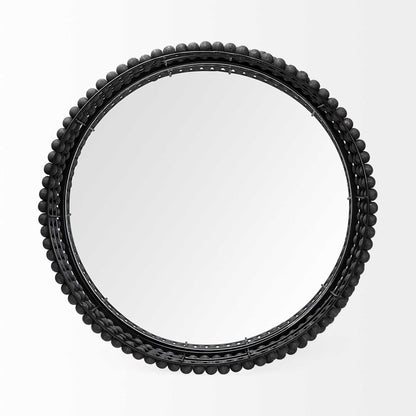 21" Matte Black Wood With Bead Mirrored Glass Bottom Round Tray HomeRoots