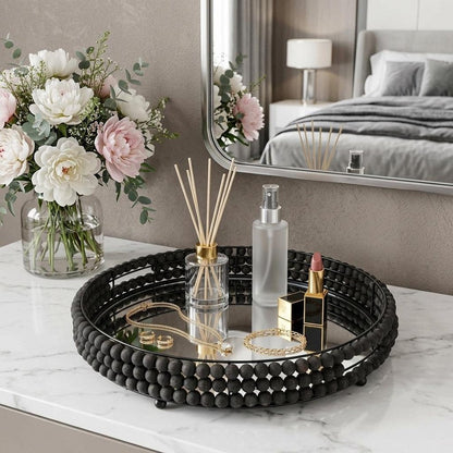 21" Matte Black Wood With Bead Mirrored Glass Bottom Round Tray HomeRoots