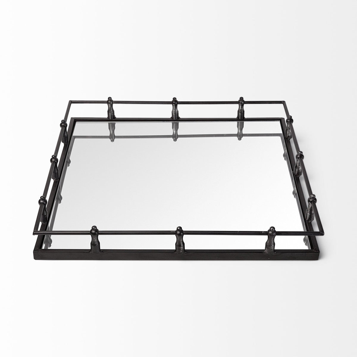 Natural Finish Metal With Mirrored Glass Bottom And Railing Handle Tray HomeRoots