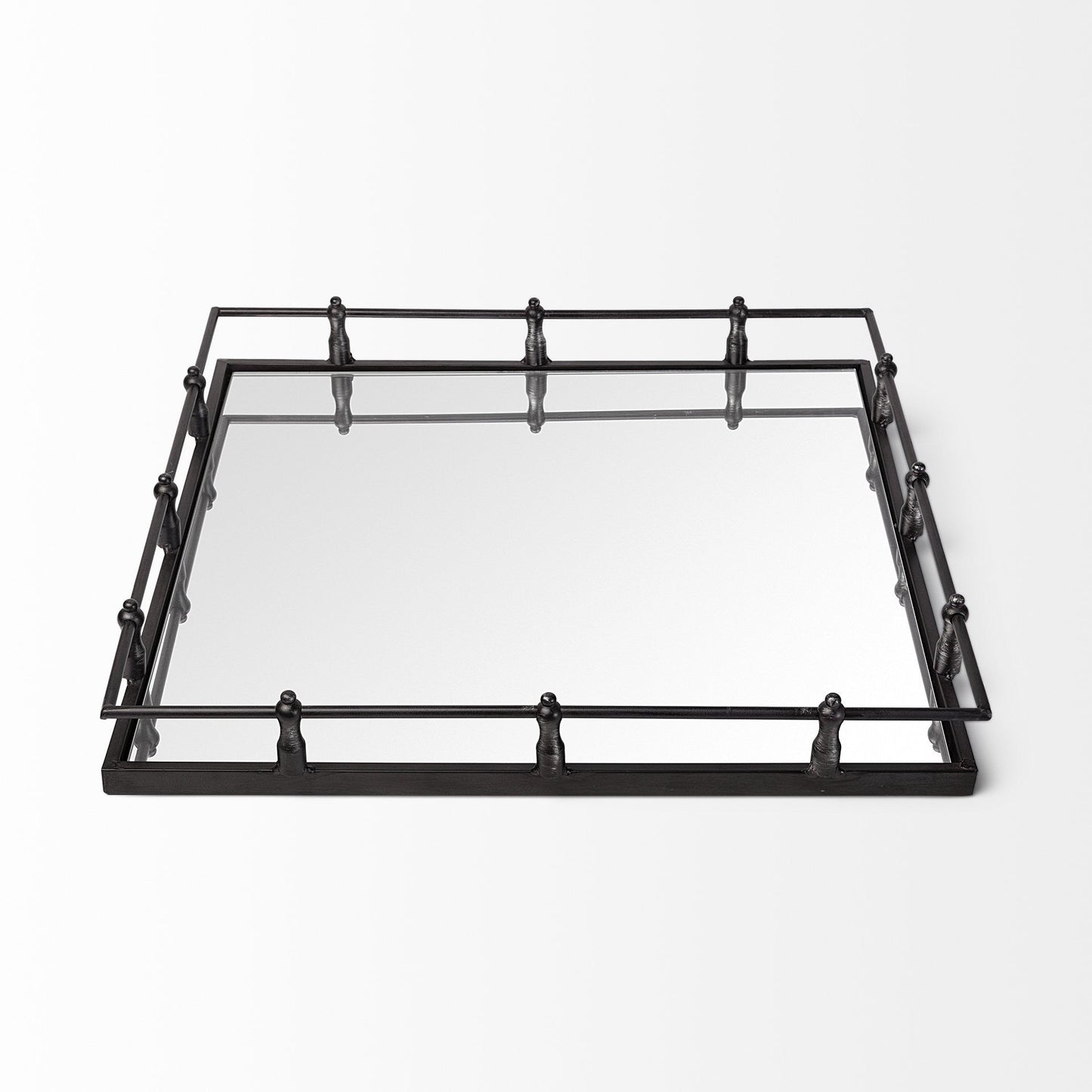 Natural Finish Metal With Mirrored Glass Bottom And Railing Handle Tray HomeRoots