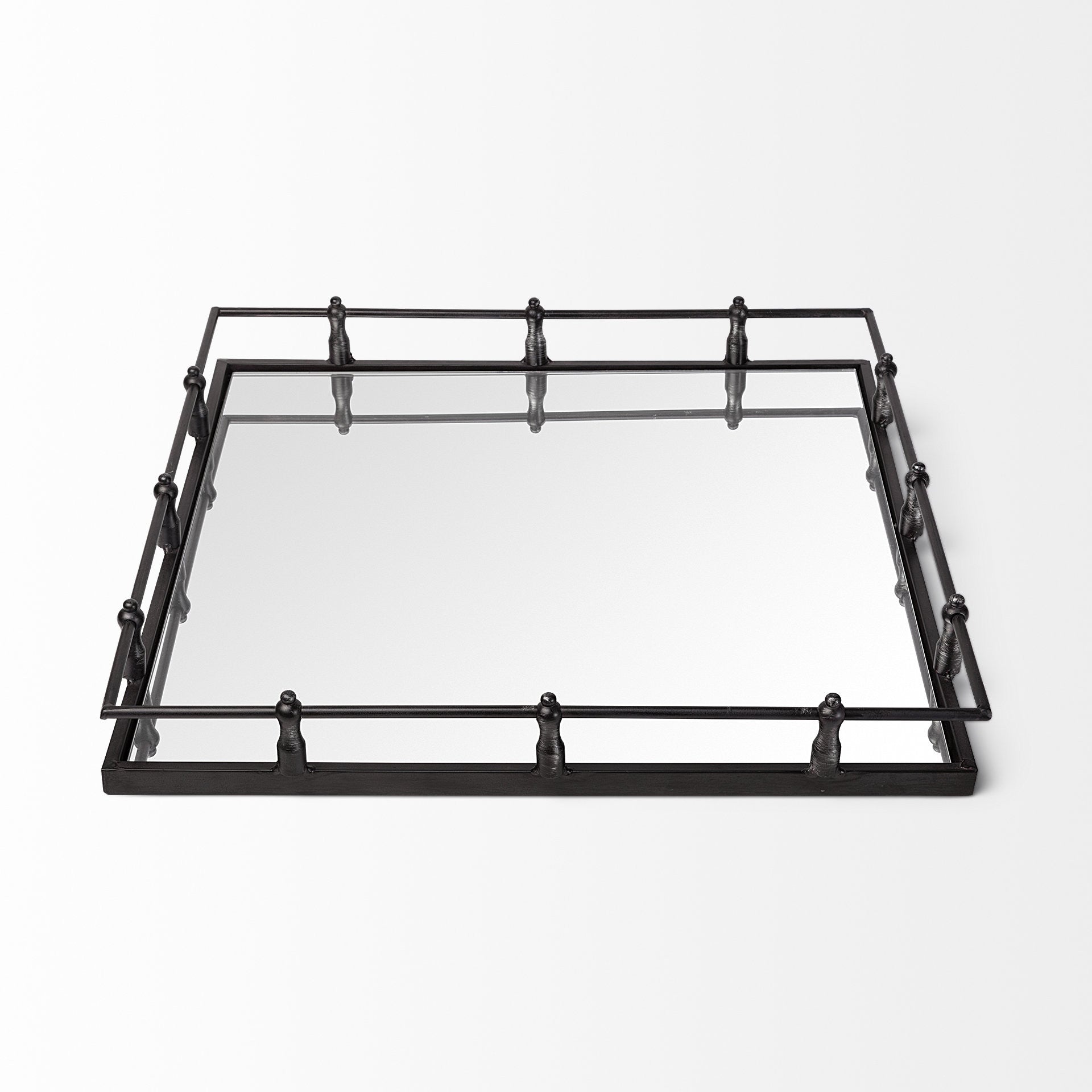 Natural Finish Metal With Mirrored Glass Bottom And Railing Handle Tray HomeRoots