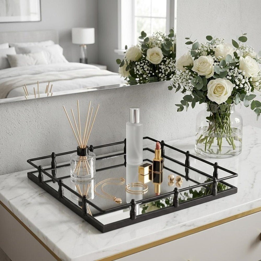 Natural Finish Metal With Mirrored Glass Bottom And Railing Handle Tray HomeRoots
