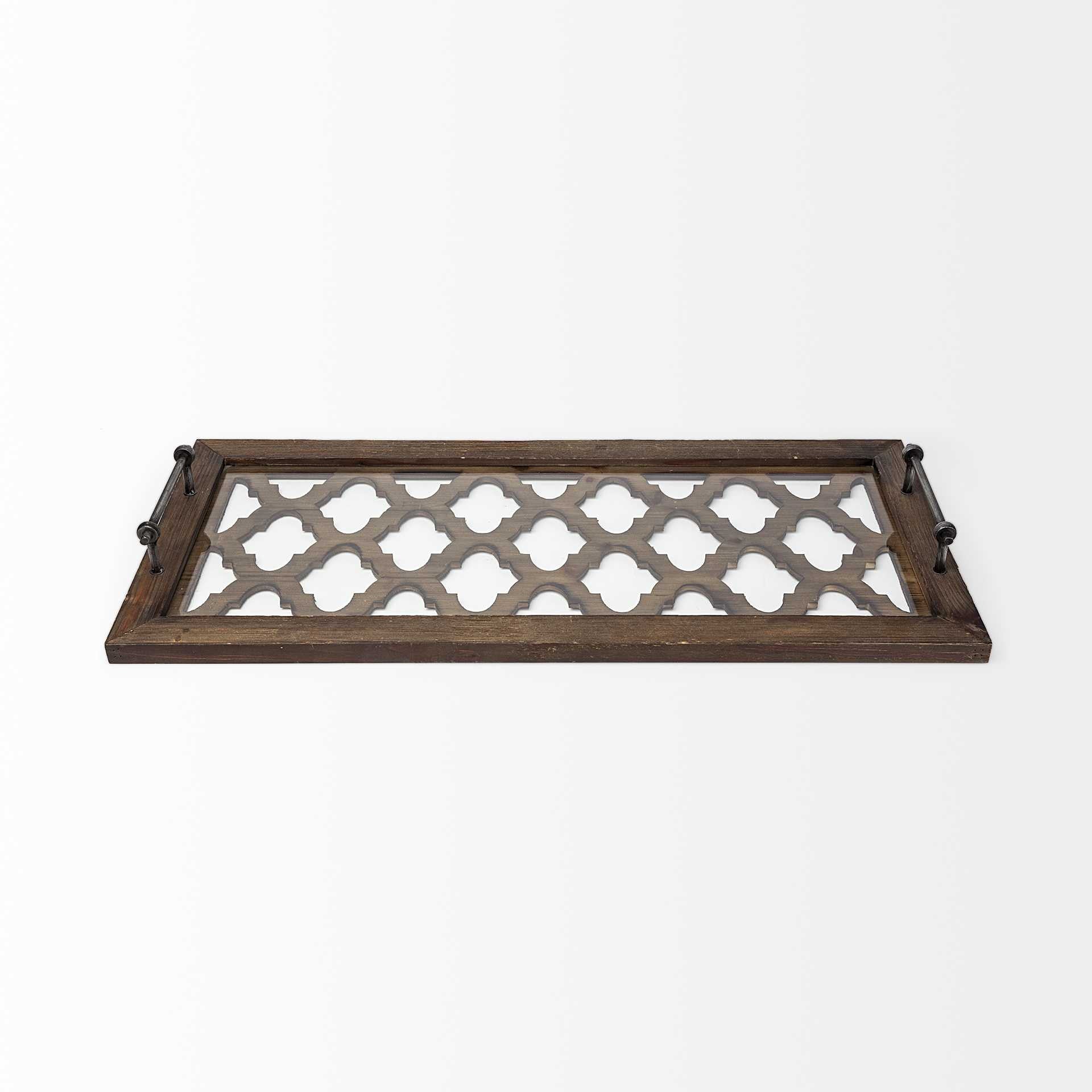 Medium Brown Wood With Metal Quatrefoil Pattern Glass Bottom Tray - FurniFindUSA