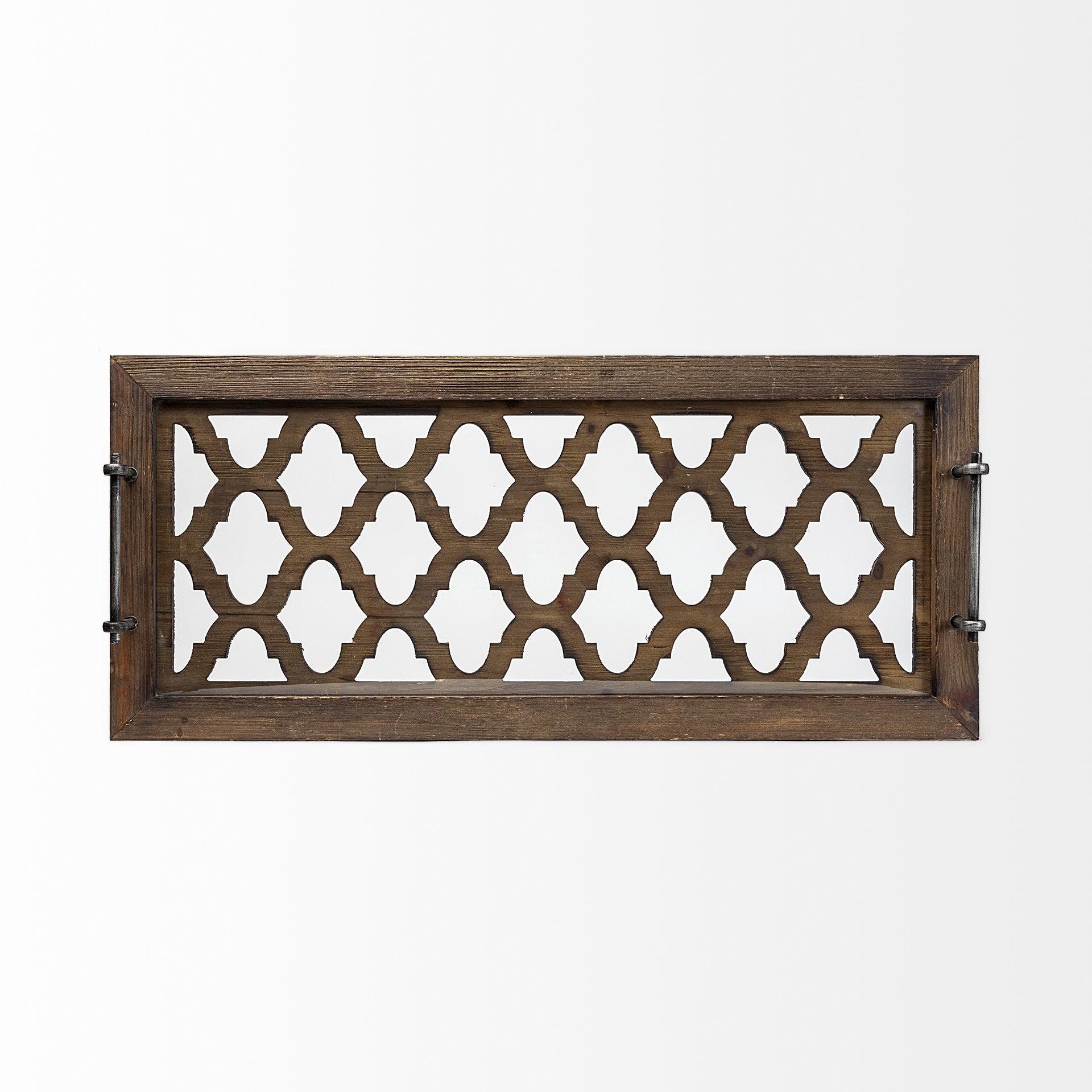Medium Brown Wood With Metal Quatrefoil Pattern Glass Bottom Tray - FurniFindUSA