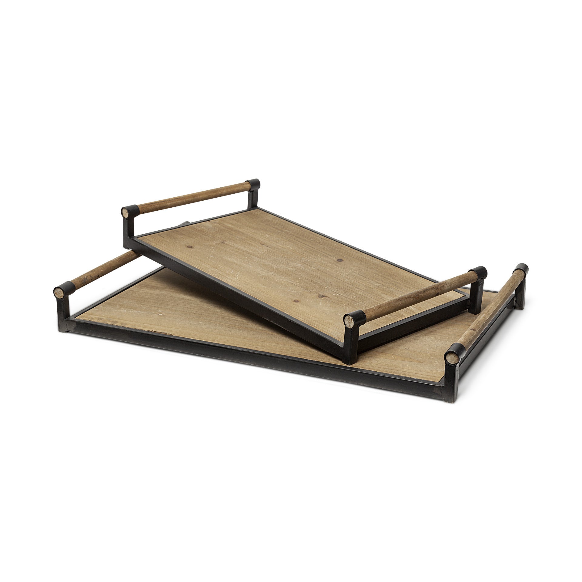 Set Of 2 Light Brown Wood With Matte Black Metal Frame And Two Handles Trays - FurniFindUSA