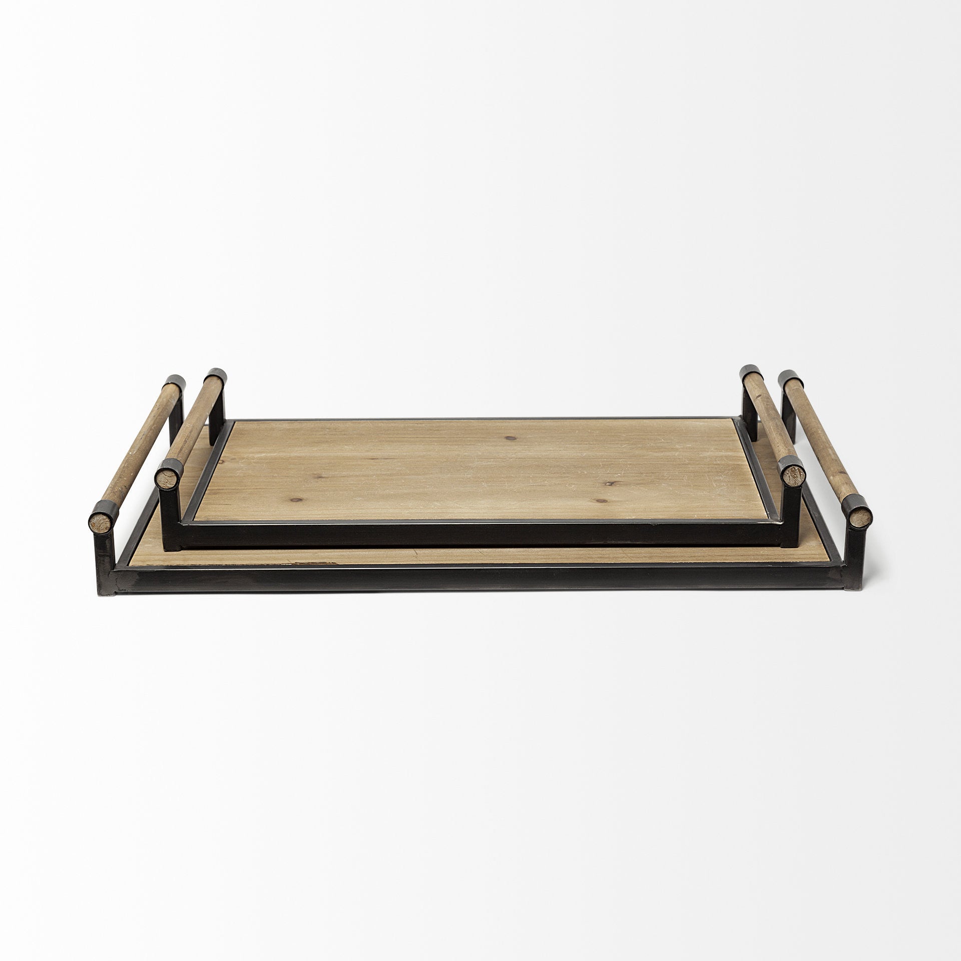 Set Of 2 Light Brown Wood With Matte Black Metal Frame And Two Handles Trays - FurniFindUSA
