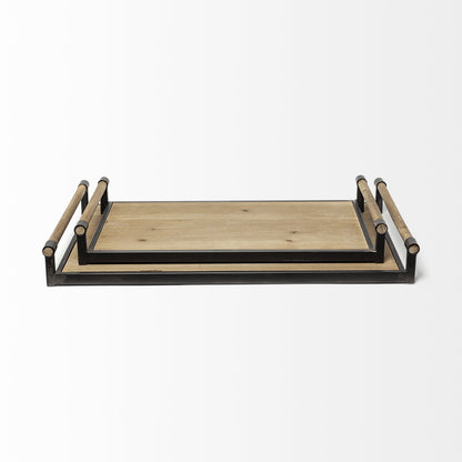 Set of Two Brown Wood Indoor Outdoor Serving Tray With Handles HomeRoots