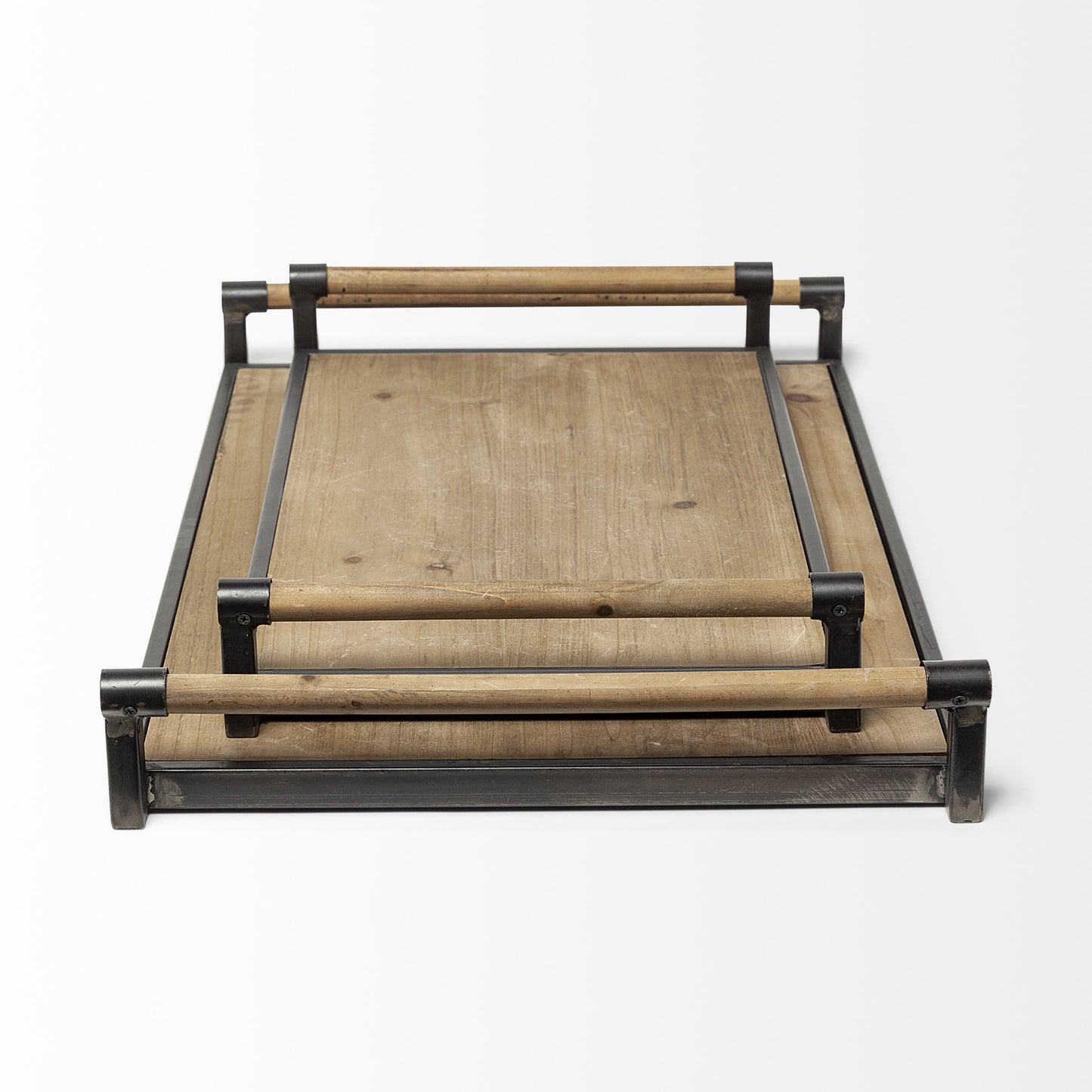 Set Of 2 Light Brown Wood With Matte Black Metal Frame And Two Handles Trays - FurniFindUSA