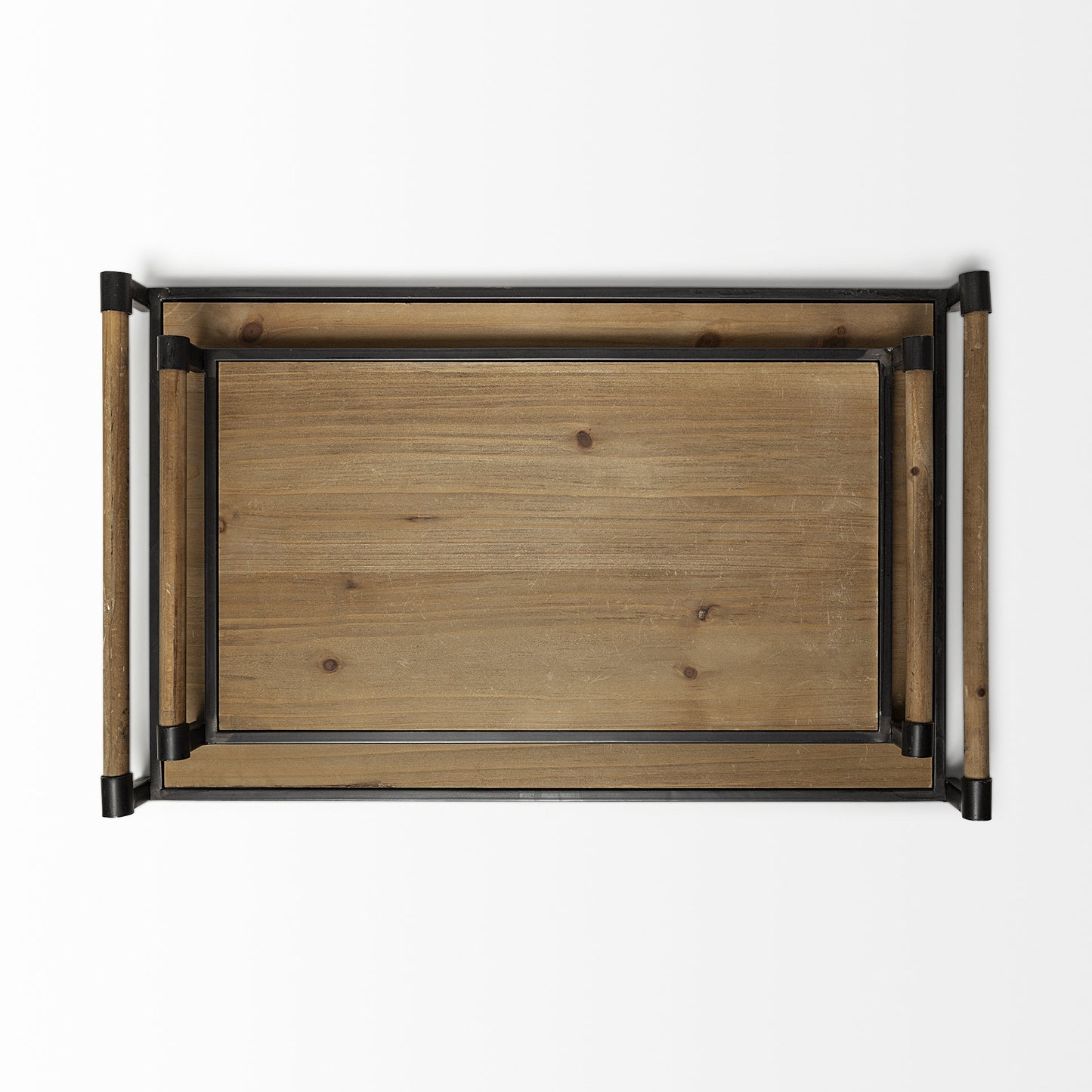 Set Of 2 Light Brown Wood With Matte Black Metal Frame And Two Handles Trays - FurniFindUSA