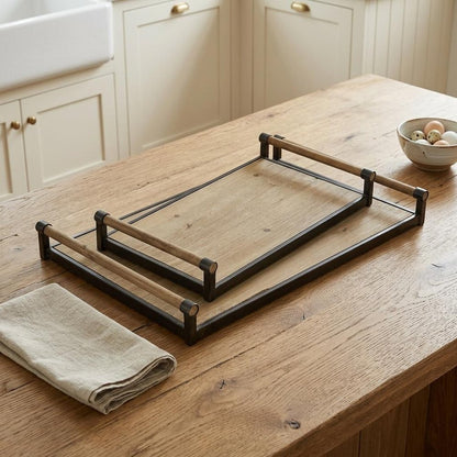 Set of Two Brown Wood Indoor Outdoor Serving Tray With Handles HomeRoots