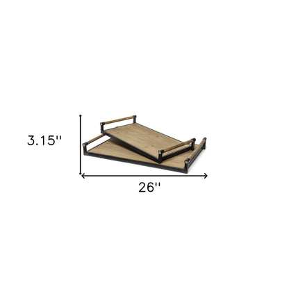 Set Of 2 Light Brown Wood With Matte Black Metal Frame And Two Handles Trays - FurniFindUSA