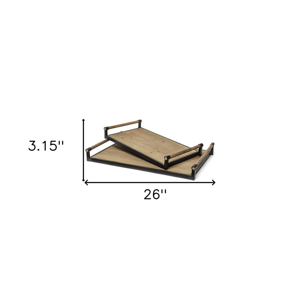 Set of Two Brown Wood Indoor Outdoor Serving Tray With Handles HomeRoots