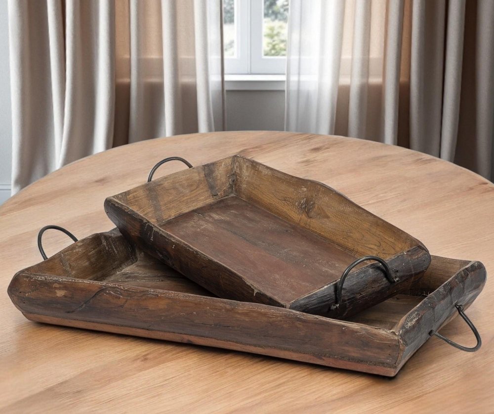 Set of Two Brown Rectangular Wood Indoor Outdoor Serving Tray With Handles HomeRoots