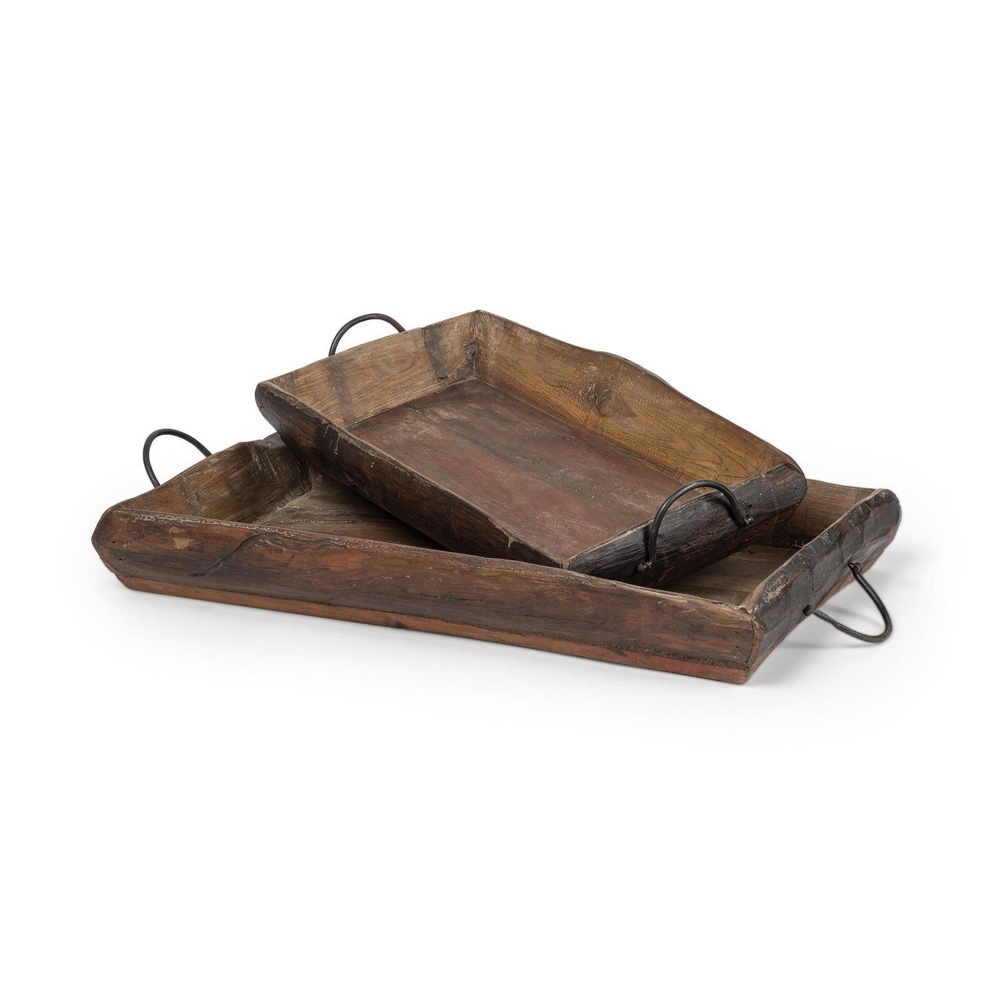 Set of Two Brown Rectangular Wood Indoor Outdoor Serving Tray With Handles HomeRoots
