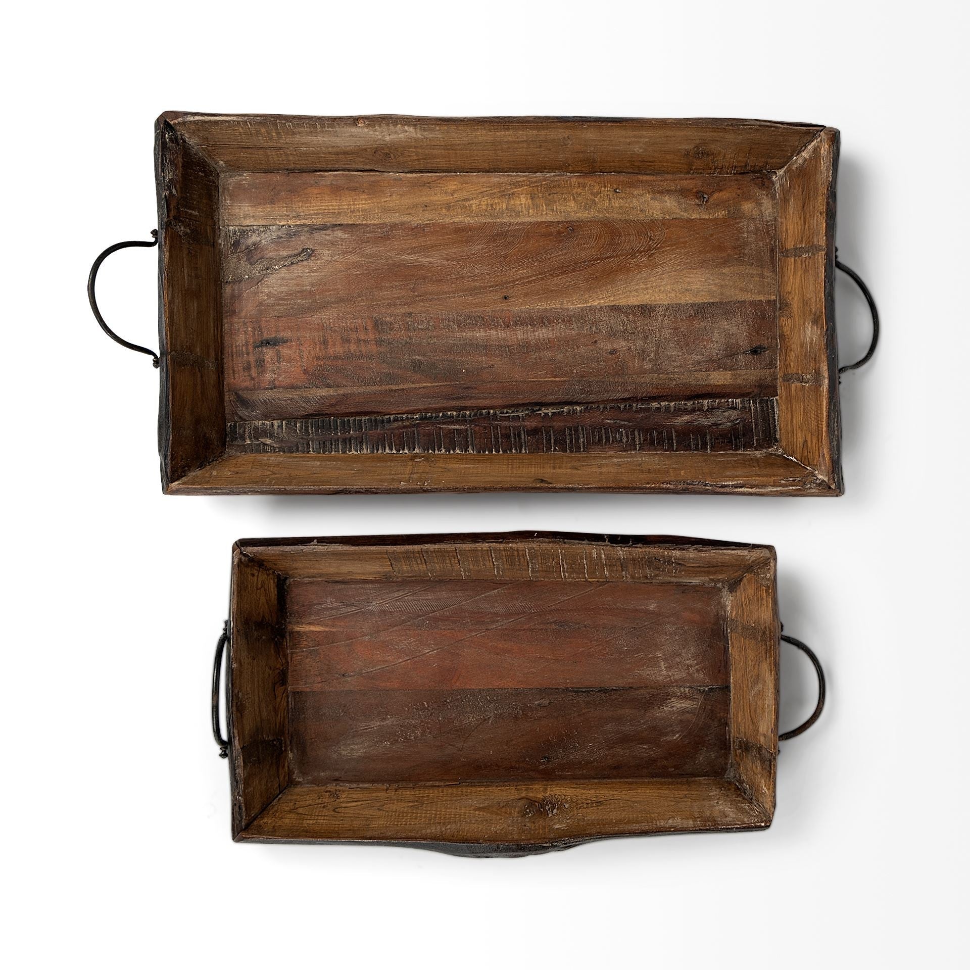 Set of Two Brown Rectangular Wood Indoor Outdoor Serving Tray With Handles HomeRoots