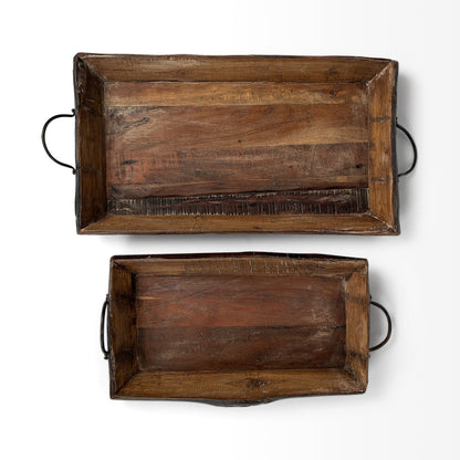 Set of Two Brown Rectangular Wood Indoor Outdoor Serving Tray With Handles HomeRoots