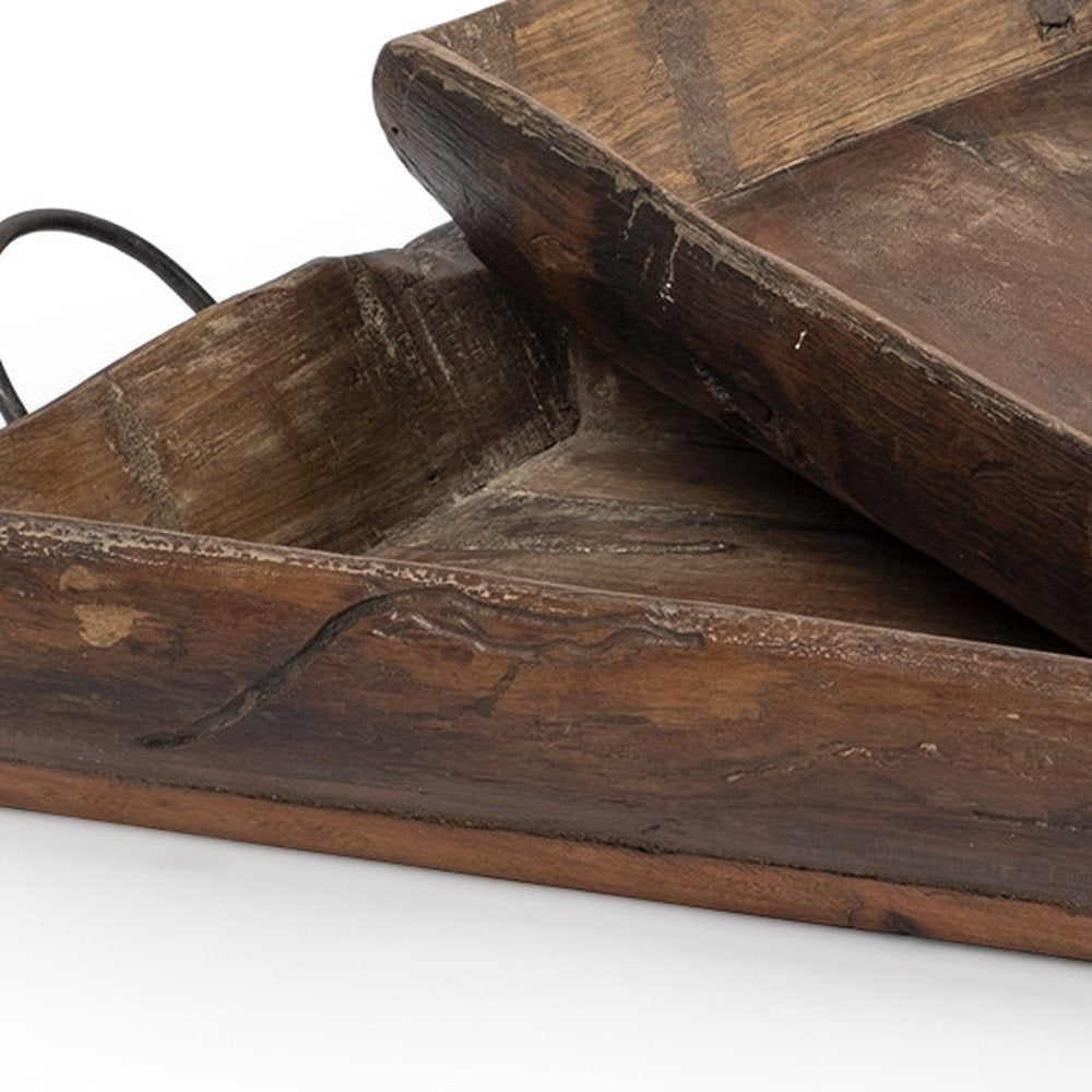 Set of Two Brown Rectangular Wood Indoor Outdoor Serving Tray With Handles HomeRoots