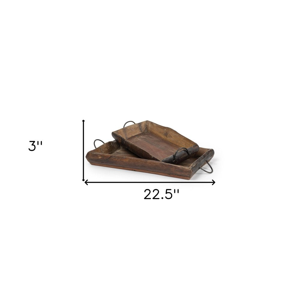Set of Two Brown Rectangular Wood Indoor Outdoor Serving Tray With Handles HomeRoots