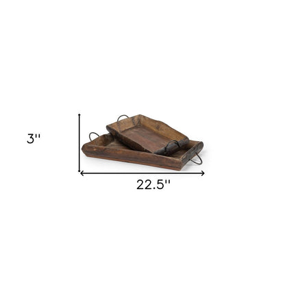 Set of Two Brown Rectangular Wood Indoor Outdoor Serving Tray With Handles HomeRoots