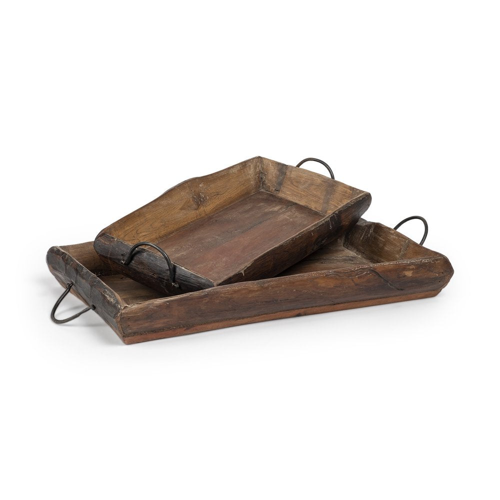 Set of Two Brown Rectangular Wood Indoor Outdoor Serving Tray With Handles HomeRoots