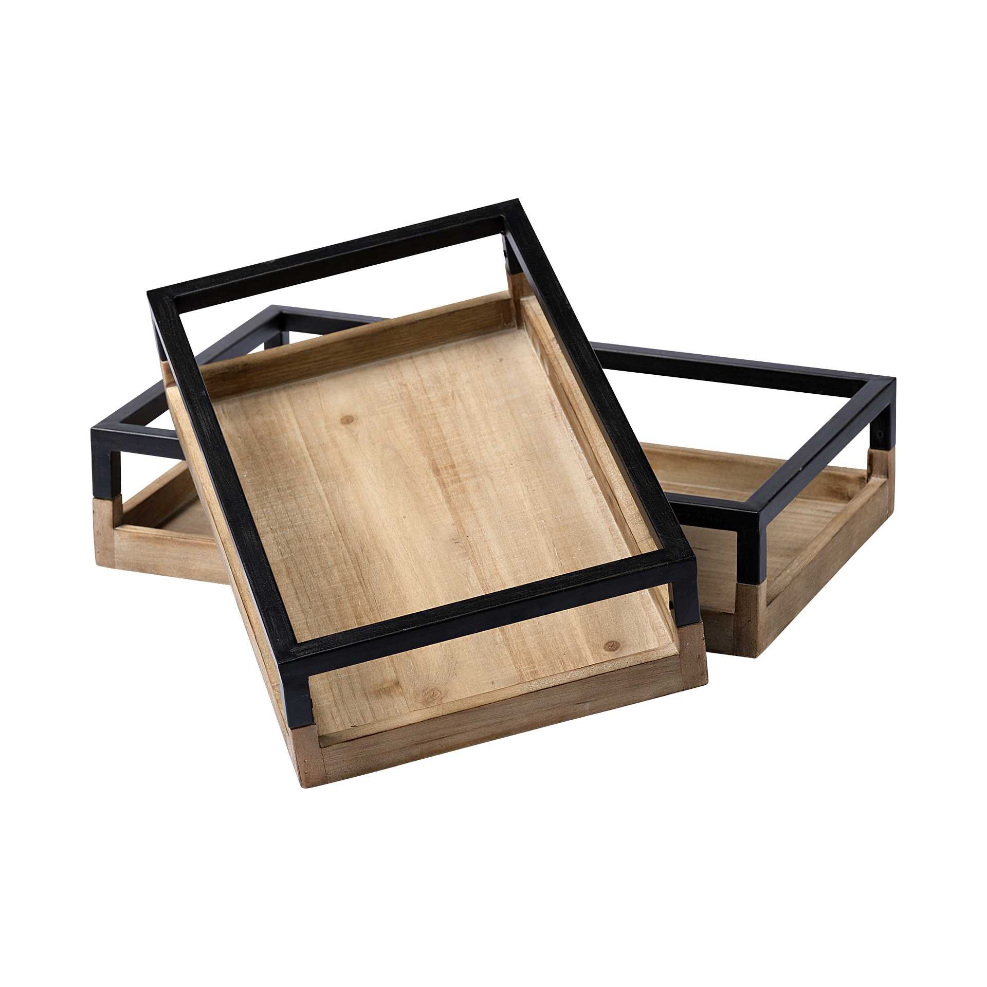 Set of Two Brown Wood Indoor Outdoor Tray With Handles HomeRoots