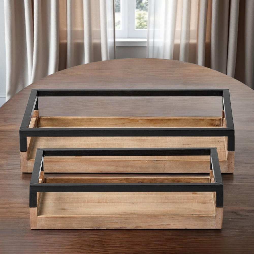 Set of Two Brown Wood Indoor Outdoor Tray With Handles HomeRoots