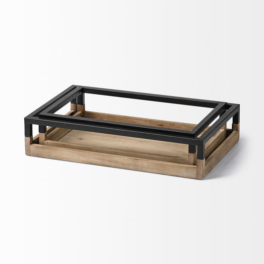 Set of Two Brown Wood Indoor Outdoor Tray With Handles HomeRoots