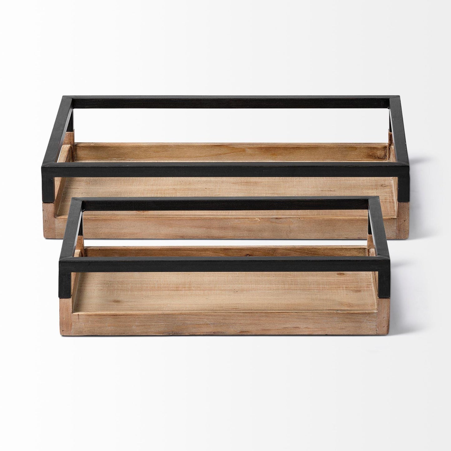 Set Of 2 Natural Finish With Black Nesting Wood Accent Trays - FurniFindUSA