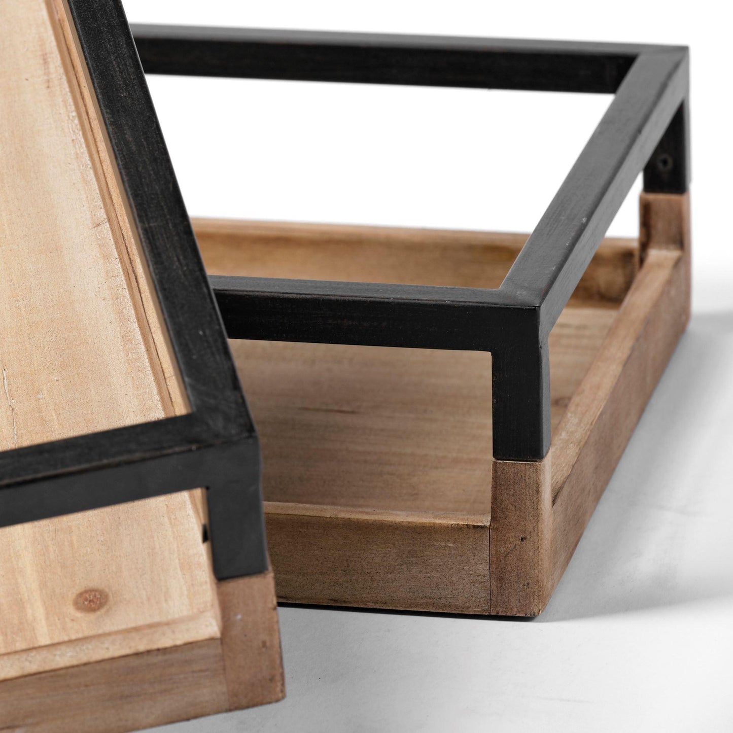 Set Of 2 Natural Finish With Black Nesting Wood Accent Trays - FurniFindUSA