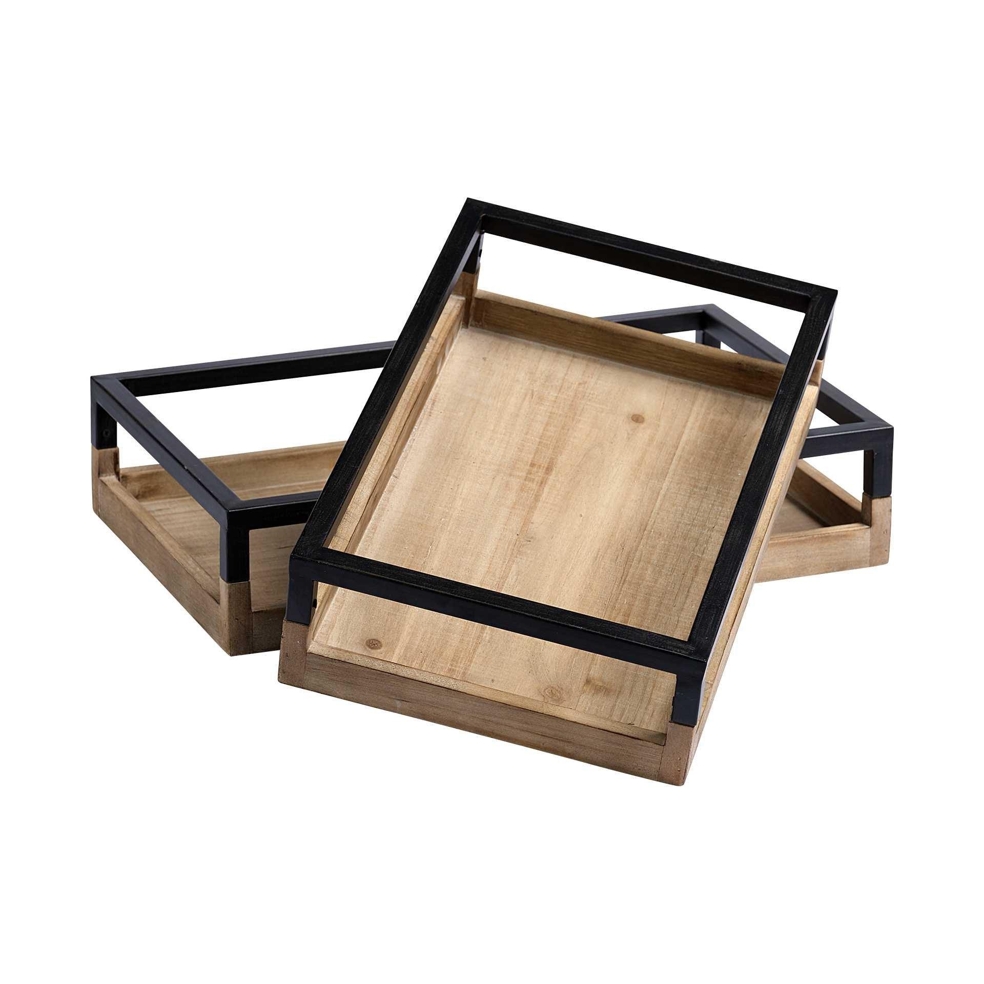 Set Of 2 Natural Finish With Black Nesting Wood Accent Trays - FurniFindUSA