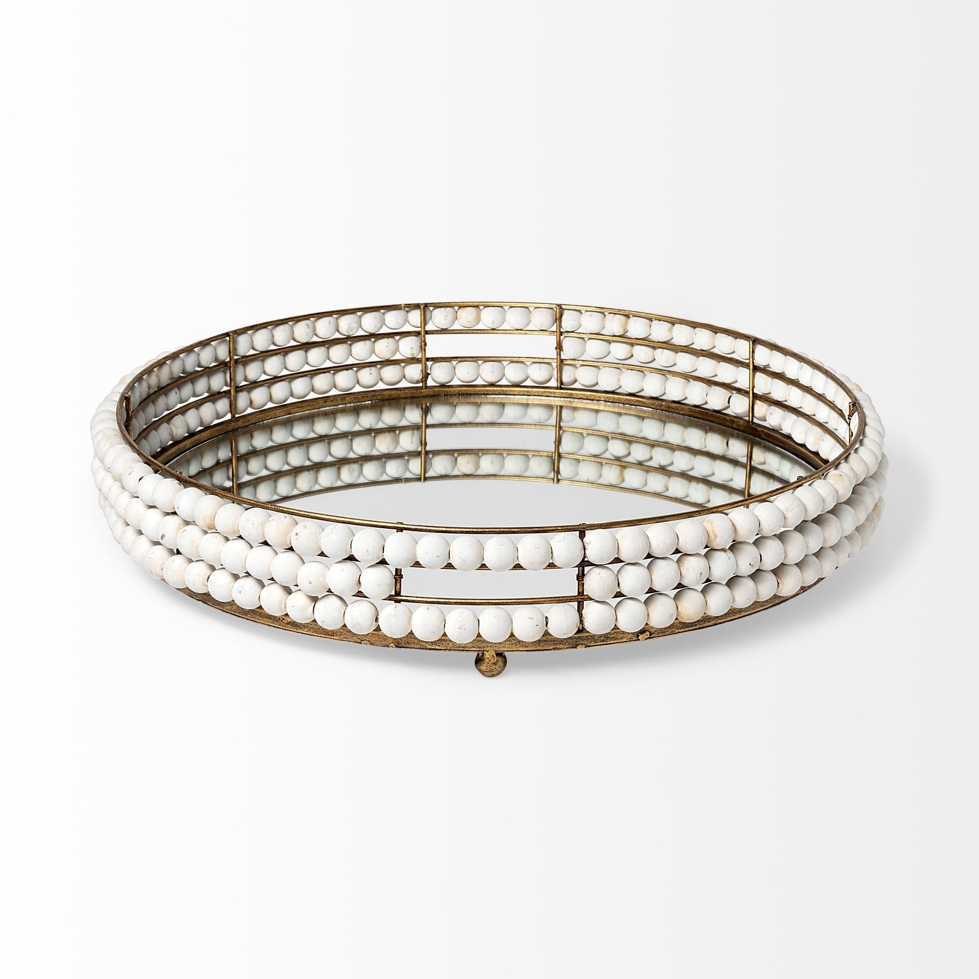 22" Antiqued Gold And White Metal Wood And Mirrored Glass Round Vanity Tray HomeRoots