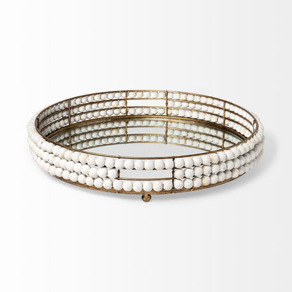 22" Antiqued Gold And White Metal Wood And Mirrored Glass Round Vanity Tray HomeRoots