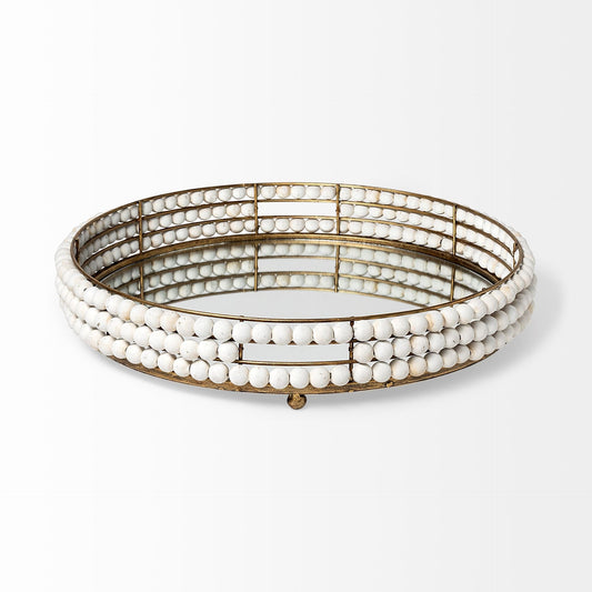 22" Antiqued Gold And White Metal Wood And Mirrored Glass Round Vanity Tray HomeRoots