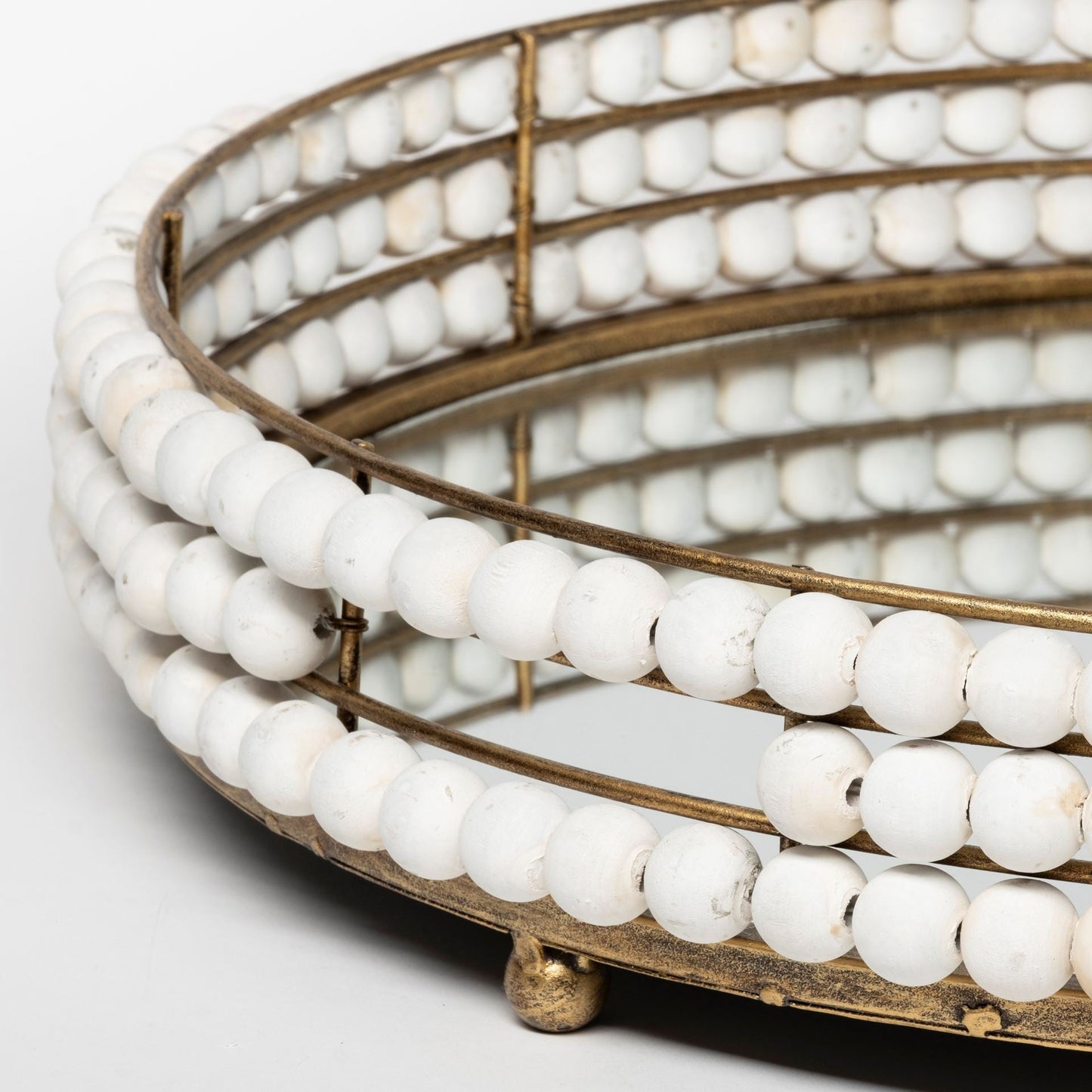 22" Antiqued Gold And White Metal Wood And Mirrored Glass Round Vanity Tray HomeRoots