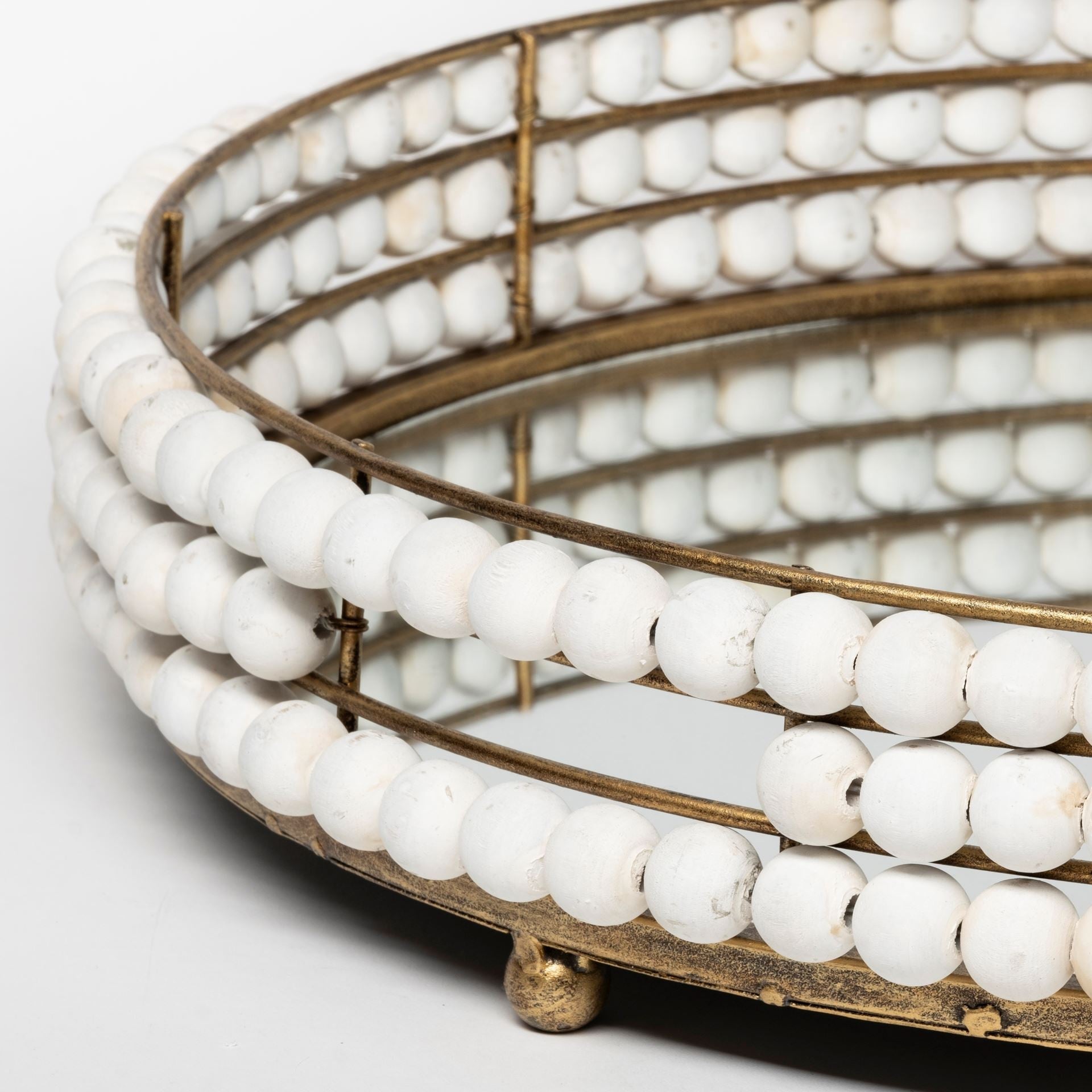 22" Antiqued Gold And White Metal Wood And Mirrored Glass Round Vanity Tray HomeRoots