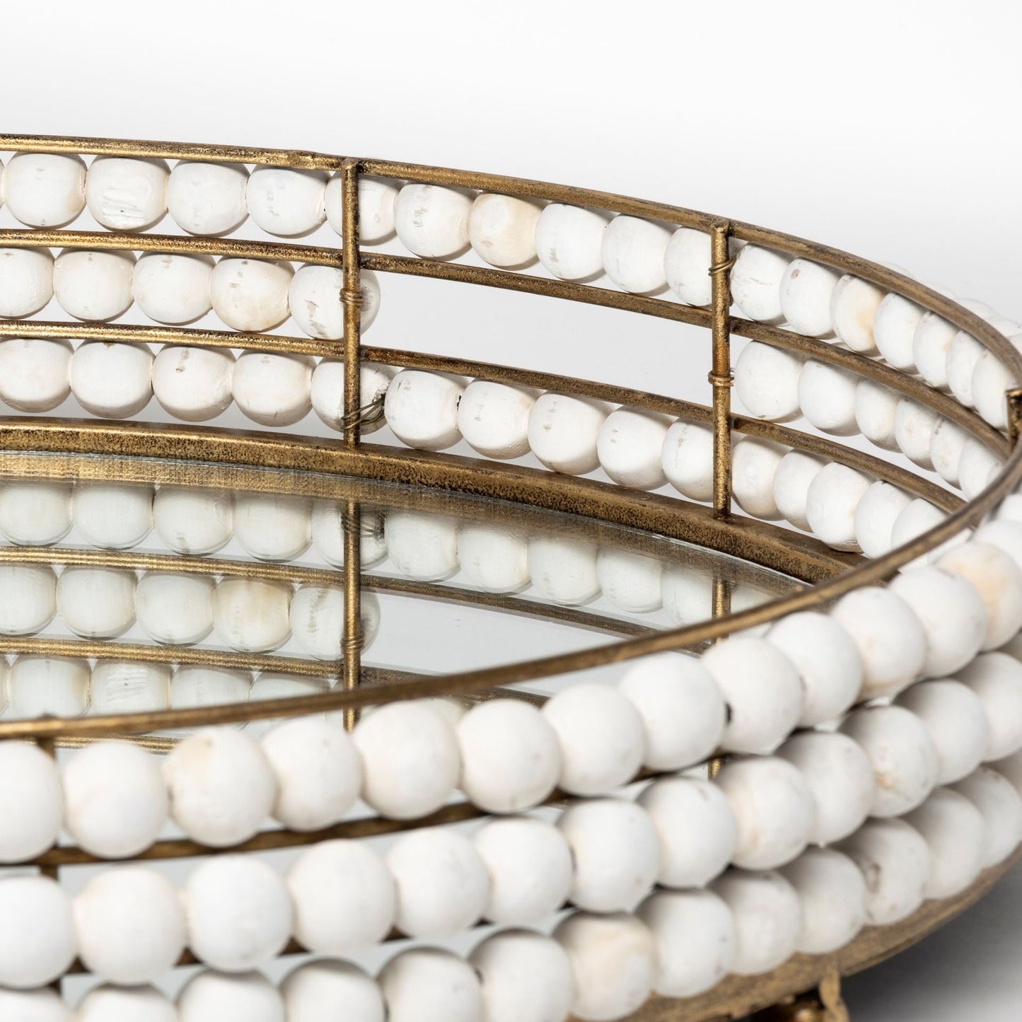22" Antiqued Gold And White Metal Wood And Mirrored Glass Round Vanity Tray HomeRoots