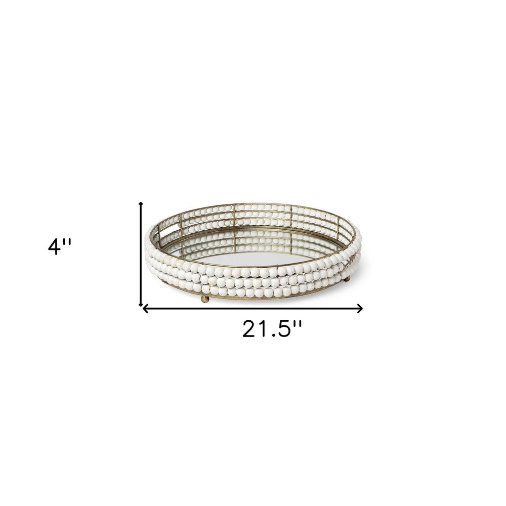 22" Antiqued Gold And White Metal Wood And Mirrored Glass Round Vanity Tray HomeRoots