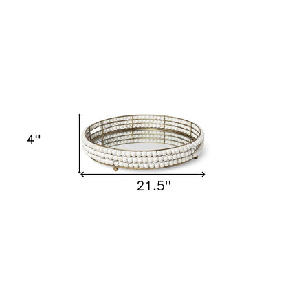 22" Antiqued Gold And White Metal Wood And Mirrored Glass Round Vanity Tray HomeRoots