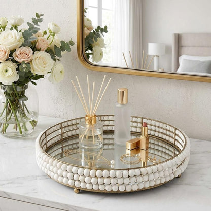 22" Antiqued Gold And White Metal Wood And Mirrored Glass Round Vanity Tray HomeRoots