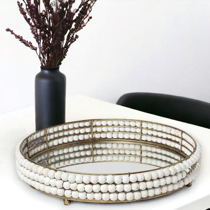 22" Antiqued Gold And White Metal Wood And Mirrored Glass Round Vanity Tray HomeRoots