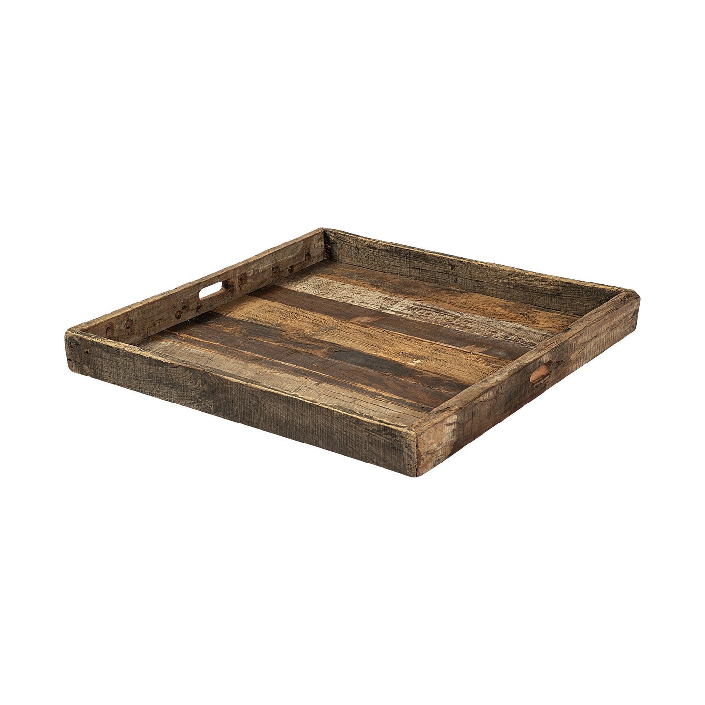 30" Brown Square Reclaimed Wood Serving Tray With Handles HomeRoots