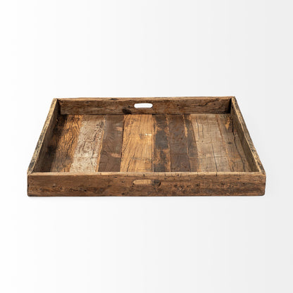 30" Brown Square Reclaimed Wood Serving Tray With Handles