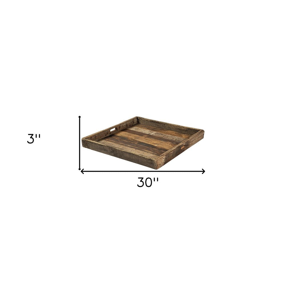 30" Brown Square Reclaimed Wood Serving Tray With Handles HomeRoots