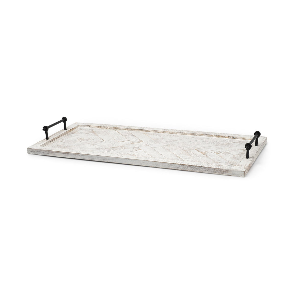 35" White and Natural Wood Indoor Outdoor Tray With Handles — view 3