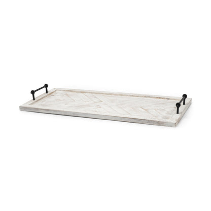 35" White and Natural Wood Indoor Outdoor Tray With Handles HomeRoots