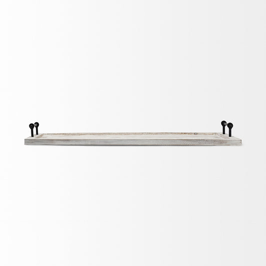 35" White and Natural Wood Indoor Outdoor Tray With Handles