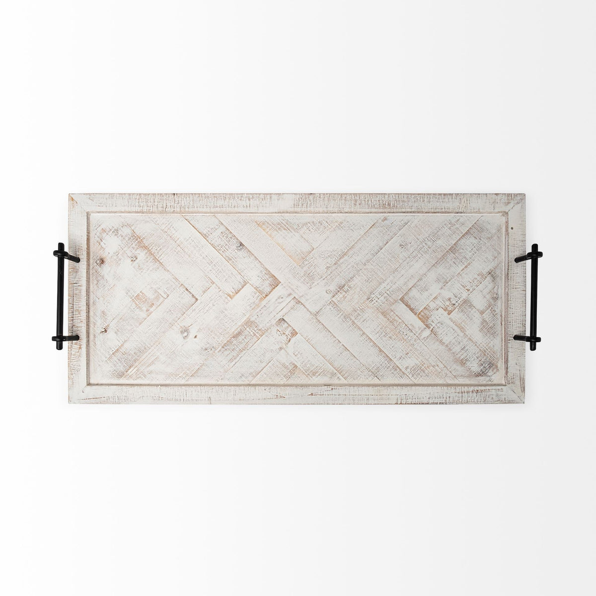 35" White and Natural Wood Indoor Outdoor Tray With Handles — view 2